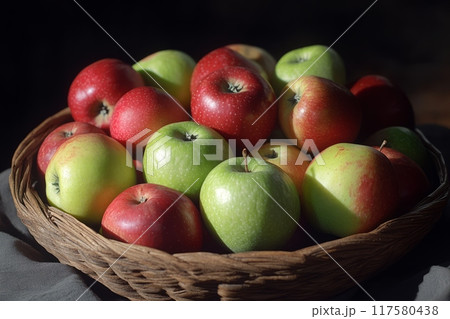 A wicker basket filled with a variety of fresh, colorful apples A wicker basket filled with a variety of fresh, colorful apples 117580438
