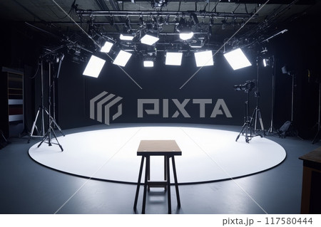 Professional film studio with cameras, lighting equipment 117580444