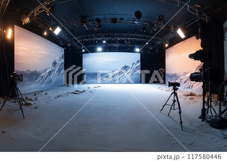 Professional film studio with cameras, lighting equipment Professional film studio with cameras, lighting equipment 117580446