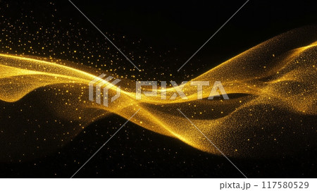 Golden particles forming ethereal waves on a dark background, perfect for a magical and elegant backdrop. 117580529