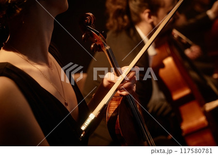 Cropped shot of unrecognizable elegant female violinist holding violin and bow after string quartet performance on stage with warm dim light Cropped shot of unrecognizable elegant female violinist holding violin and bow after string quartet performance on stage with warm dim light 117580781