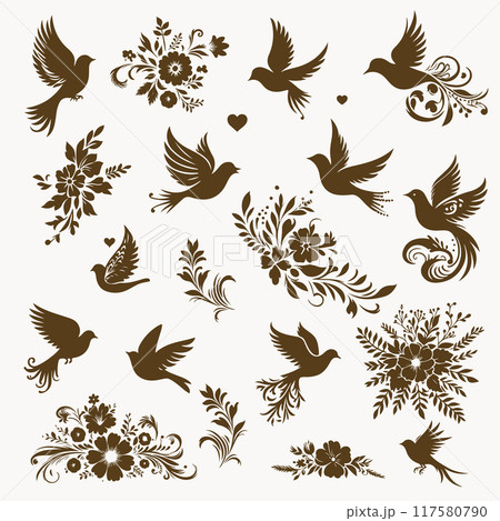 Decorative wedding elements flowers and birds silhouettes. 117580790