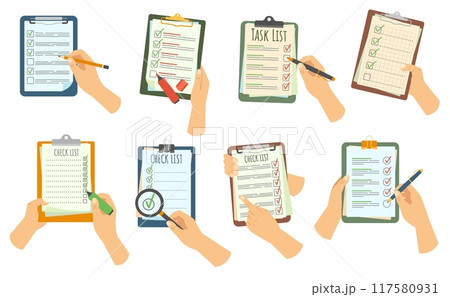 Hand holding checklist on clipboard. Task inspection or requirements lists with tick mark in checkbox. Check marks on agenda list, tasks marked done and survey or testing papers cartoon vector set Hand holding checklist on clipboard. Task inspection or requirements lists with tick mark in checkbox. Check marks on agenda list, tasks marked done and survey or testing papers cartoon vector set 117580931