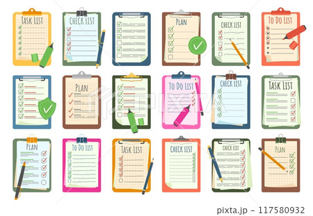 Planning clipboards. Task checklists and To Do lists with pen, pencil or markers. Productivity plan list, interview checklist and work progress boards cartoon vector illustration set 117580932