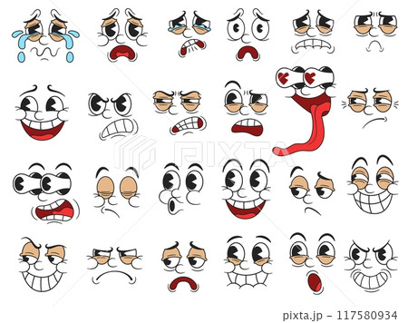 Retro cartoon faces. Funny 30s mascot character facial expressions, emotions and reactions with pie eyes for rubber hose style characters design. Isolated vector illustration set Retro cartoon faces. Funny 30s mascot character facial expressions, emotions and reactions with pie eyes for rubber hose style characters design. Isolated vector illustration set 117580934