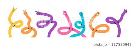 Long twisted hands. Playful cartoon curved arms with hand gestures of rock horns, peace sign, pointing finger, okay, fist and thumbs up gesture doodle vector set 117580942