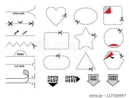 Dashed cut lines. Cut here icon, peel corner stickers and open here labels. Cutting coupon frame template with scissors and tear stripe vector set Dashed cut lines. Cut here icon, peel corner stickers and open here labels. Cutting coupon frame template with scissors and tear stripe vector set 117580947