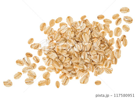 Oat flakes heap in isolated on white background with full depth of field. Top view. Flat lay Oat flakes heap in isolated on white background with full depth of field. Top view. Flat lay 117580951