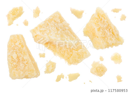 Pieces of parmesan cheese isolated on white background. Top view. Flat lay 117580953