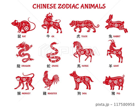Chinese zodiac animals. Lunar New Year Rat, Ox, Tiger, Rabbit, Dragon, Snake, Horse, Goat, Monkey, Rooster, Dog and Pig in traditional red paper cut style vector illustrations set 117580958