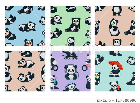 Pixel art panda bear seamless pattern. Cute retro 8bit pandas, kawaii animal print design for wrapping paper, child wallpapers or clothing fabric. Seamless vector background set Pixel art panda bear seamless pattern. Cute retro 8bit pandas, kawaii animal print design for wrapping paper, child wallpapers or clothing fabric. Seamless vector background set 117580990