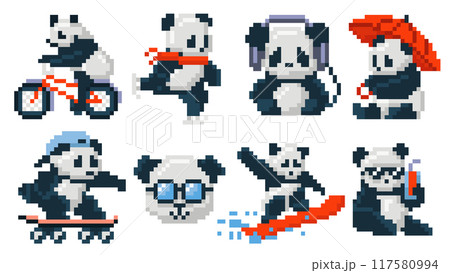 Pixel art cute pandas. Retro 8bit panda bear mascot riding bicycle and skateboard, ice skating and surfing, holding umbrella and cold drink, wearing glasses and headphones vector illustration set Pixel art cute pandas. Retro 8bit panda bear mascot riding bicycle and skateboard, ice skating and surfing, holding umbrella and cold drink, wearing glasses and headphones vector illustration set 117580994