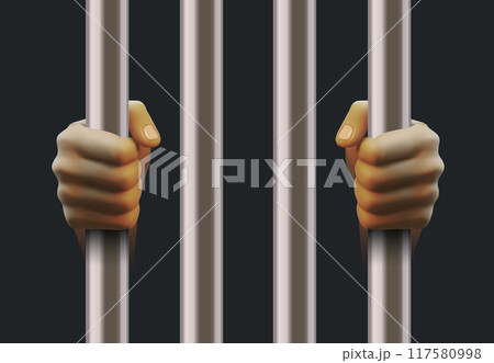 Hands holding prison bars. Sentenced behind jail cage bars, punishment for illegal action. Imprisonment arrest and deprivation of liberty. Prisoner, justice and criminal law concept 3D vector concept 117580998