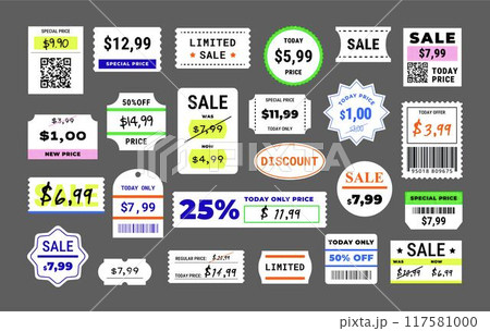 Price stickers. Sale price tags and discount labels, promotional stickers and special offer badges templates for marketing advertising vector set. Discounts vintage free shop retail sticker mockup Price stickers. Sale price tags and discount labels, promotional stickers and special offer badges templates for marketing advertising vector set. Discounts vintage free shop retail sticker mockup 117581000
