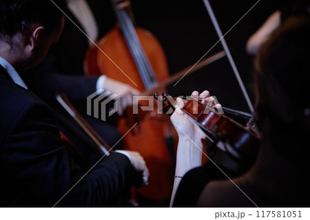 Close up on hand of unrecognizable orchestra musician playing violin in chamber quartet in studio, focus on hand and violin, copy space 117581051