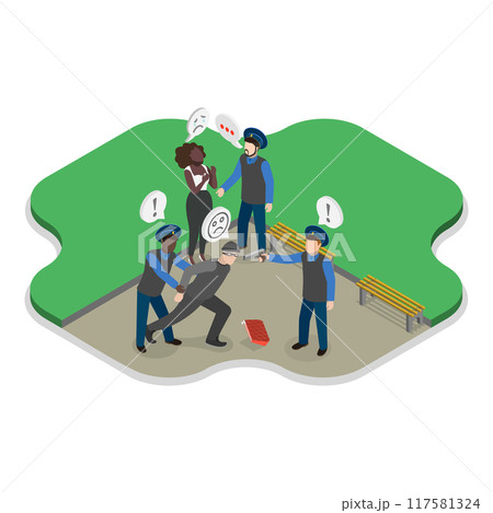 3D Isometric Flat Vector Set of Police Work Scenes, Law and Justice Service. Item 2 117581324
