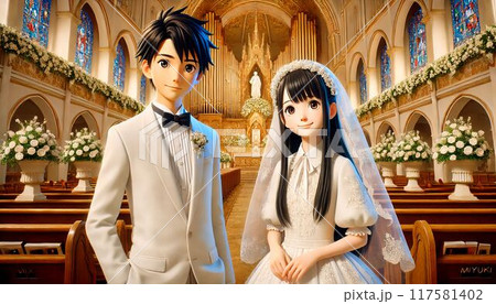 バージンロードを歩く新郎新婦 バージンロードを歩く新郎新婦 117581402
