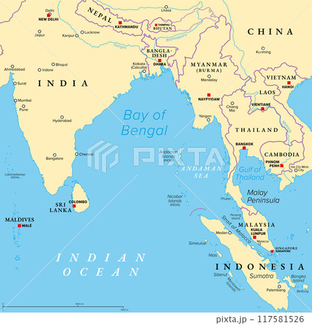 Bay of Bengal, political map. Northeastern part of the Indian Ocean and largest bay of the world, positioned between the Indian subcontinent and Indochinese peninsula, located below the Bengal region. 117581526