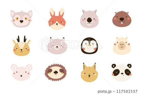 Set of hand drawn animal portraits, clip arts. Vector illustration of beaver, sloth, panda Set of hand drawn animal portraits, clip arts. Vector illustration of beaver, sloth, panda 117581537