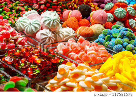 Colorful candy assortment at market in Barcelona, Spain, sweets shop stall 117581579