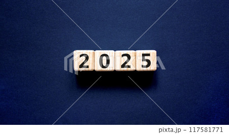 Business concept of 2025 new year symbol. Beautiful wooden cubes with number 2025 Happy new year. Beautiful black table black background, copy space. Business 2025 happy new year concept. Business concept of 2025 new year symbol. Beautiful wooden cubes with number 2025 Happy new year. Beautiful black table black background, copy space. Business 2025 happy new year concept. 117581771