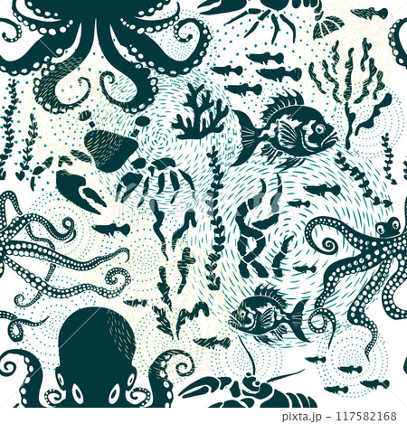 Seamless pattern sea inhabitants. hand drawing. Not AI, Monochrome flat Vector illustration 117582168
