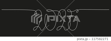 Decoration continuous line hand drawing sign for 2025 year calendar. Vector stock illustration minimalism design isolated on black chalkboard background. Editable stroke single line. EPS10 117582271