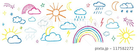 Chalk kid cloud weather symbols set. Vector stock illustration isolated on white background for design template travel blog, meteorology forecast. Kit textural crayon hand drawing symbols. EPS 10  117582272