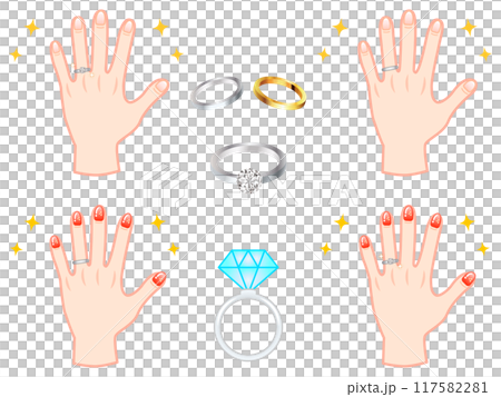 Set of illustration materials of hands and rings wearing beautiful wedding rings 117582281