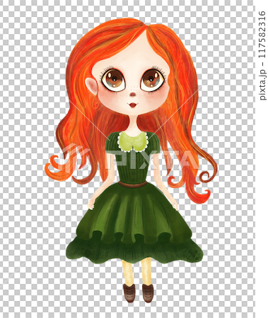 A watercolor illustration of girl with long red hair with big eyes in green dress on transparent background 117582316