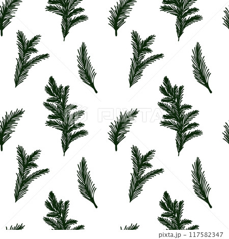 Seamless vector pattern with green pine tree branches, ideal for Christmas and winter-themed designs, holiday decorations, greeting cards, and festive artwork. Perfect for seasonal craft projects. 117582347