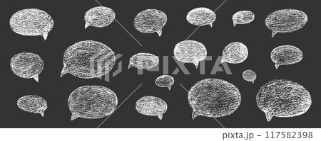 Oval and round chalk, crayon hand drawing speech bubble set. Vector stock grunge texture illustration on black chalkboard background for design template business presentation, school education. EPS 10 117582398