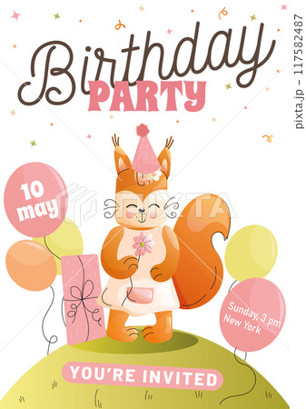 Childrens birthday invitation cute fox, festive balloons, and a gift on a white background. Vector Childrens birthday invitation cute fox, festive balloons, and a gift on a white background. Vector 117582487