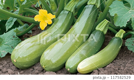 A bunch of zucchini growing on a plant with a yellow flower in a garden 117582529