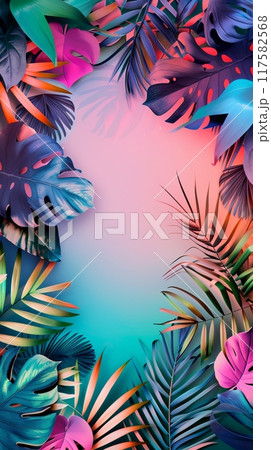 trendy summer Bali style floral colorful pattern background with copyspace , colorful green leaves palm shape art wallpaper, Summer colors botanical tropical leaves ,sun light and shadows 117582568