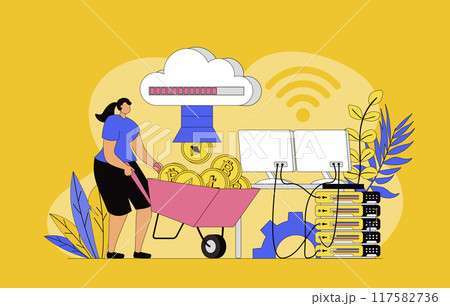 Cryptocurrency technology concept with modern flat design for web. Woman invests in bitcoins and other virtual coins at marketplace, mining digital money at farm, earning profit. Vector illustration. 117582736