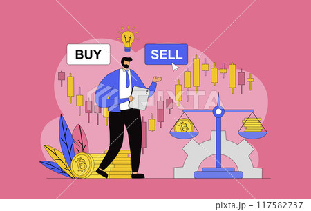 Cryptocurrency marketplace concept with modern flat design for web. Man buying and selling digital money on crypto exchange, investing in bitcoins and other virtual coins. Vector illustration. 117582737