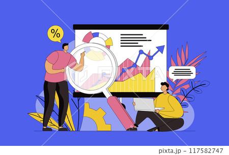Big data analysis concept with modern flat design for web. Men analyzing statistics, researches graphs and databases, making reports in teamwork, planning and optimizating work. Vector illustration. Big data analysis concept with modern flat design for web. Men analyzing statistics, researches graphs and databases, making reports in teamwork, planning and optimizating work. Vector illustration. 117582747