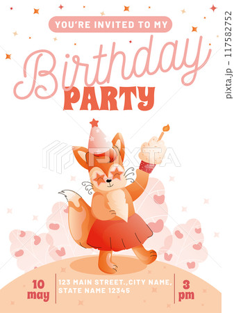 Childrens birthday invitation with a cute fox in a festive hat and a cake on a white background. Vector 117582752