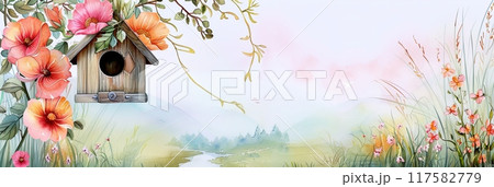 A watercolor painting of a wooden birdhouse adorned with blooming flowers 117582779