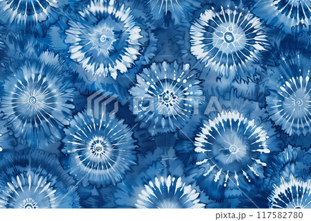 A detailed Shibori pattern featuring intricate indigo tie-dye designs, showcasing traditional Japanese techniques 117582780