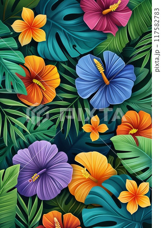 Lively tropical pattern featuring vibrant hibiscus flowers and lush green leaves 117582783