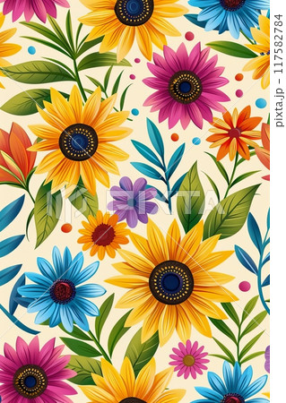 Vibrant illustration of colorful flowers including sunflowers, daisies, and leaves on a light background 117582784