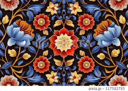 Intricate floral pattern with vibrant red, blue, and gold flowers on a dark background 117582785