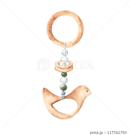 Baby Teething Toy made of wooden Bird, rings and beads. Hand painted watercolor illustration of chew eco toy in delicate blue, green and beige tones. Perfect for newborn baby shower invitations 117582793