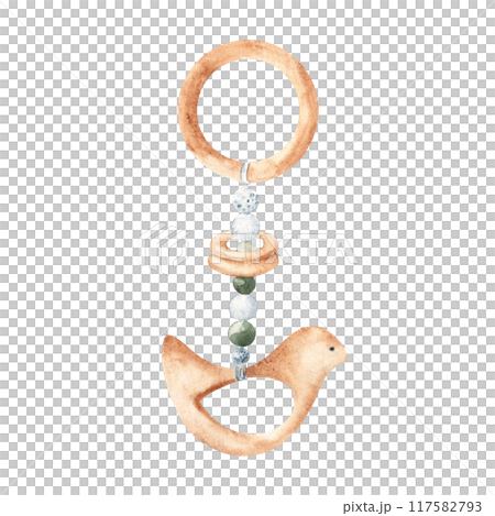 Baby Teething Toy made of wooden Bird, rings and beads. Hand painted watercolor illustration of chew eco toy in delicate blue, green and beige tones. Perfect for newborn baby shower invitations 117582793