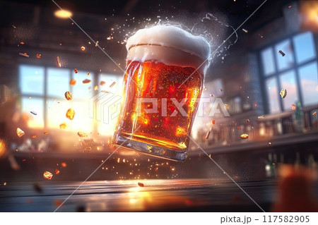 Beer glass flying in the air illustration Beer glass flying in the air illustration 117582905