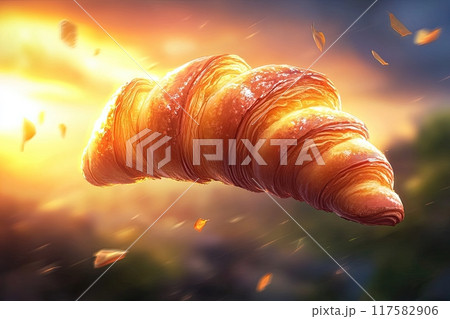 Freshly baked french croissant flying in air Freshly baked french croissant flying in air 117582906