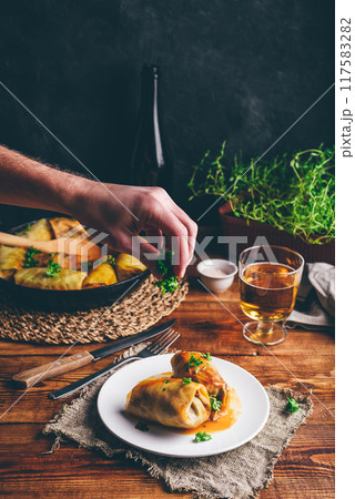 Cabbage Rolls Stuffed with Ground Beef on White Plate Cabbage Rolls Stuffed with Ground Beef on White Plate 117583282