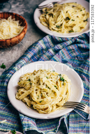 Two Portions of Pasta with Alfredo Sauce Two Portions of Pasta with Alfredo Sauce 117583392